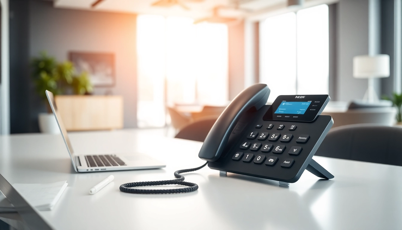 Showcase a small business voip phone system in a modern office setting with sleek design.