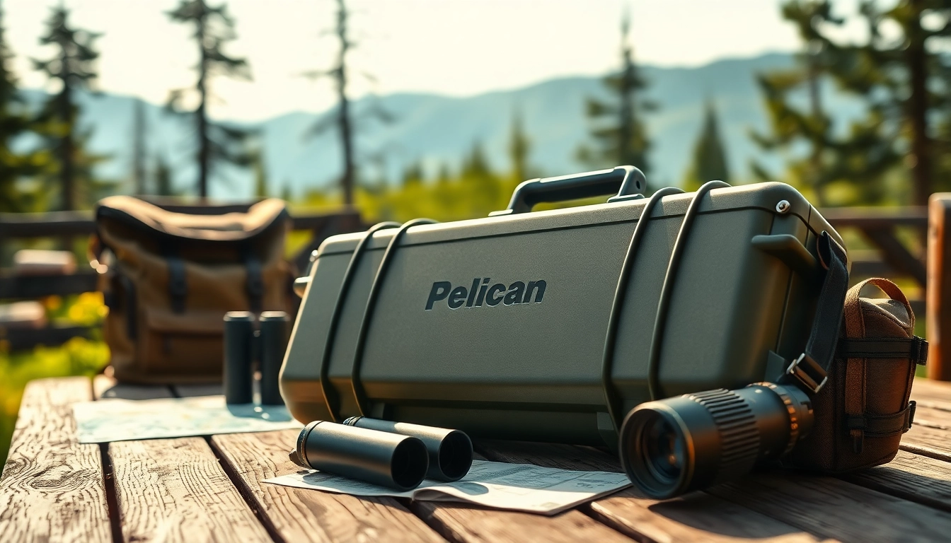 Showcasing a durable pelican rifle case on a wooden table, styled with outdoor adventure gear.