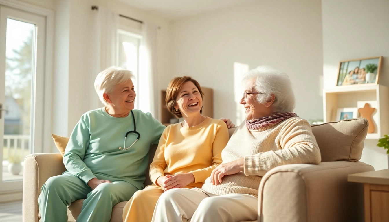 Engaging scene showcasing in home respite care, with caregivers and elderly enjoying quality time together.