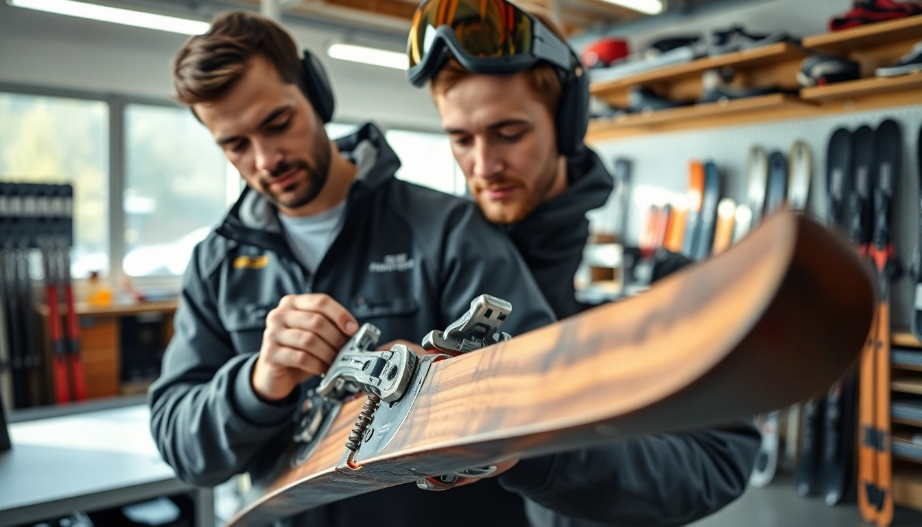 Precision binding mounting service for skis performed by an expert technician in a well-organized workshop.