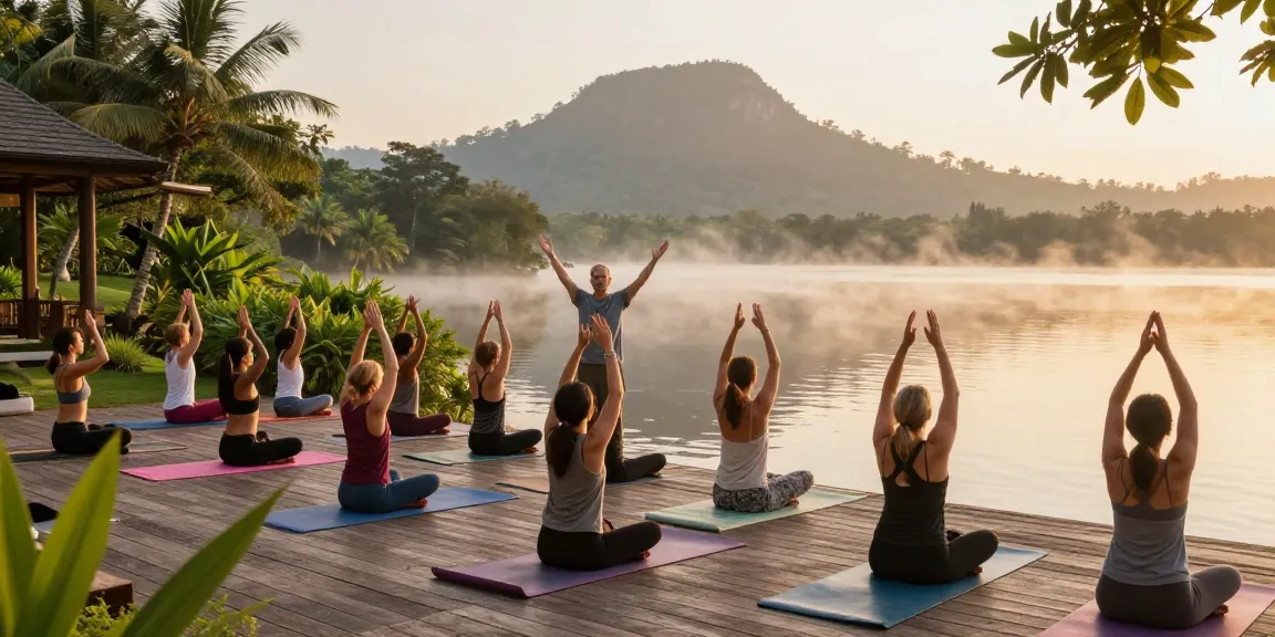 Yoga teachers intensive Sri Lanka with Simon Borg-Olivier during a sunrise session by Koggala Lake.