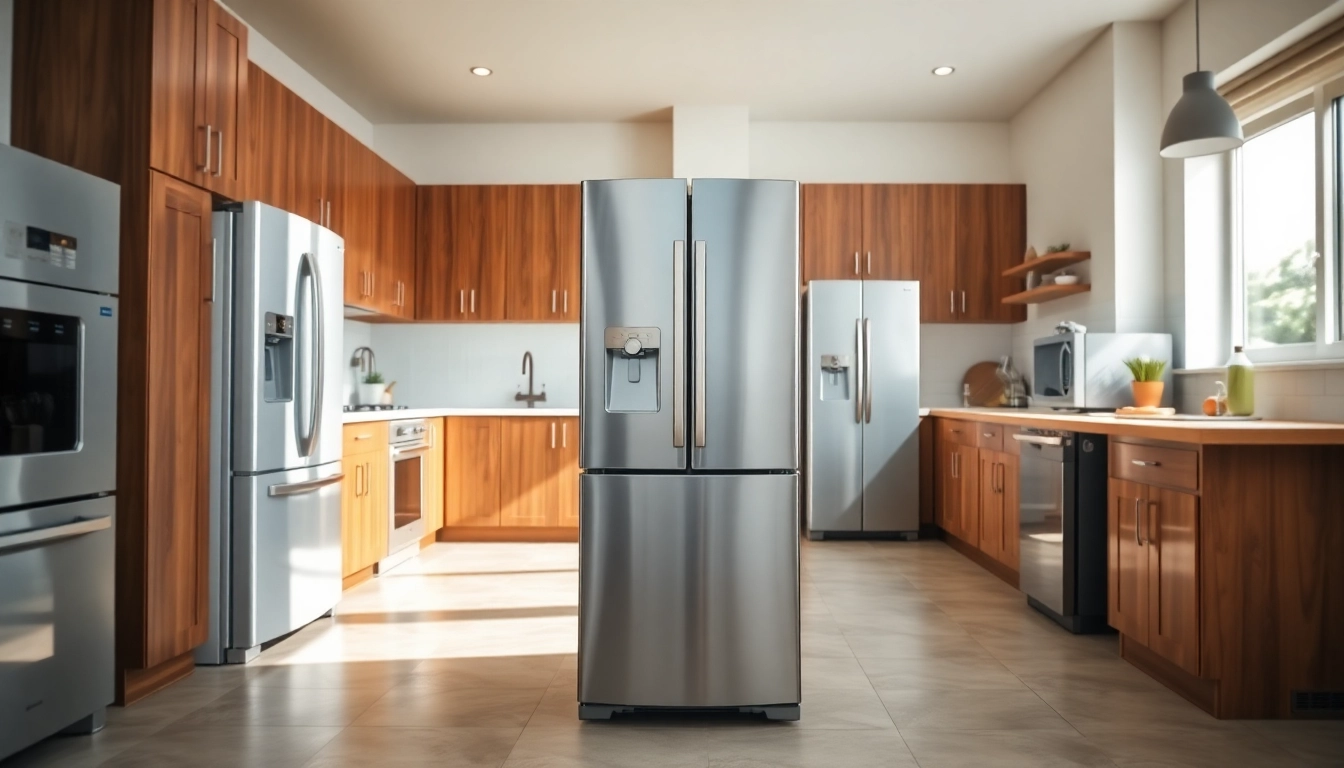 Highlighting refrigerator sales with modern appliance features in a chic kitchen setting.