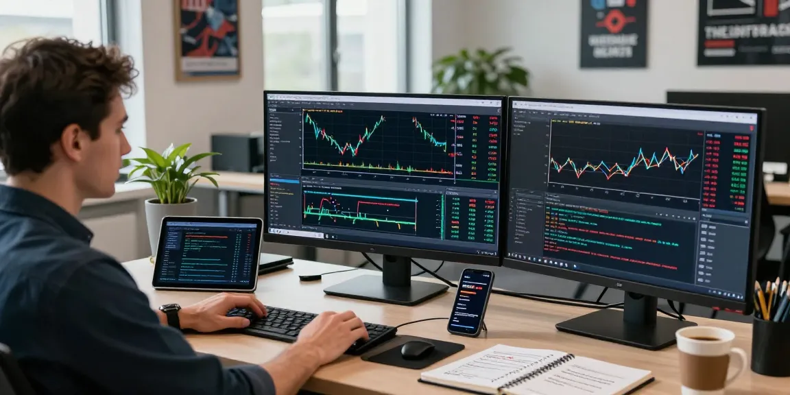 Dynamic trading workspace with mt4 platform on dual monitors, focusing on forex analysis and automated trading setup.