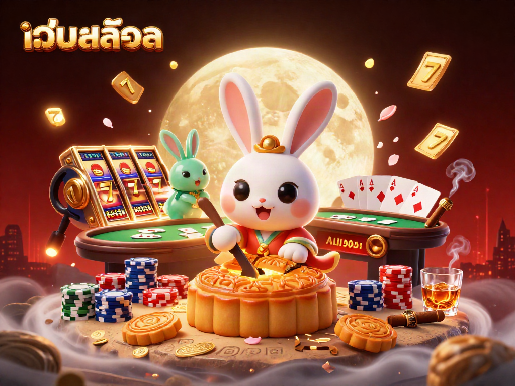 Engage with เว็บสล็อต through an exciting 3D illustration of a moon rabbit amidst lively casino elements.