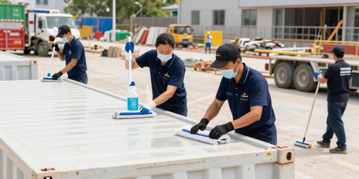Containerreinigung Firma in Dortmund bei der professionellen Reinigung eines Sanitärcontainers auf einer Baustelle.