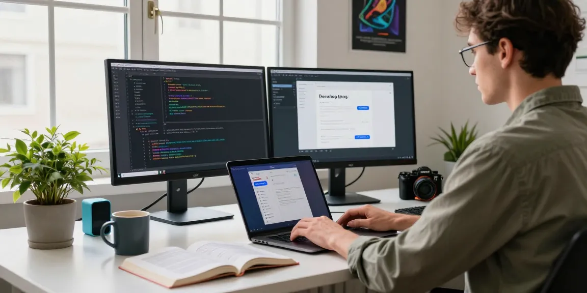 Engaging tech workspace showcasing 纸飞机下载 on laptops and monitors, set in a modern office.