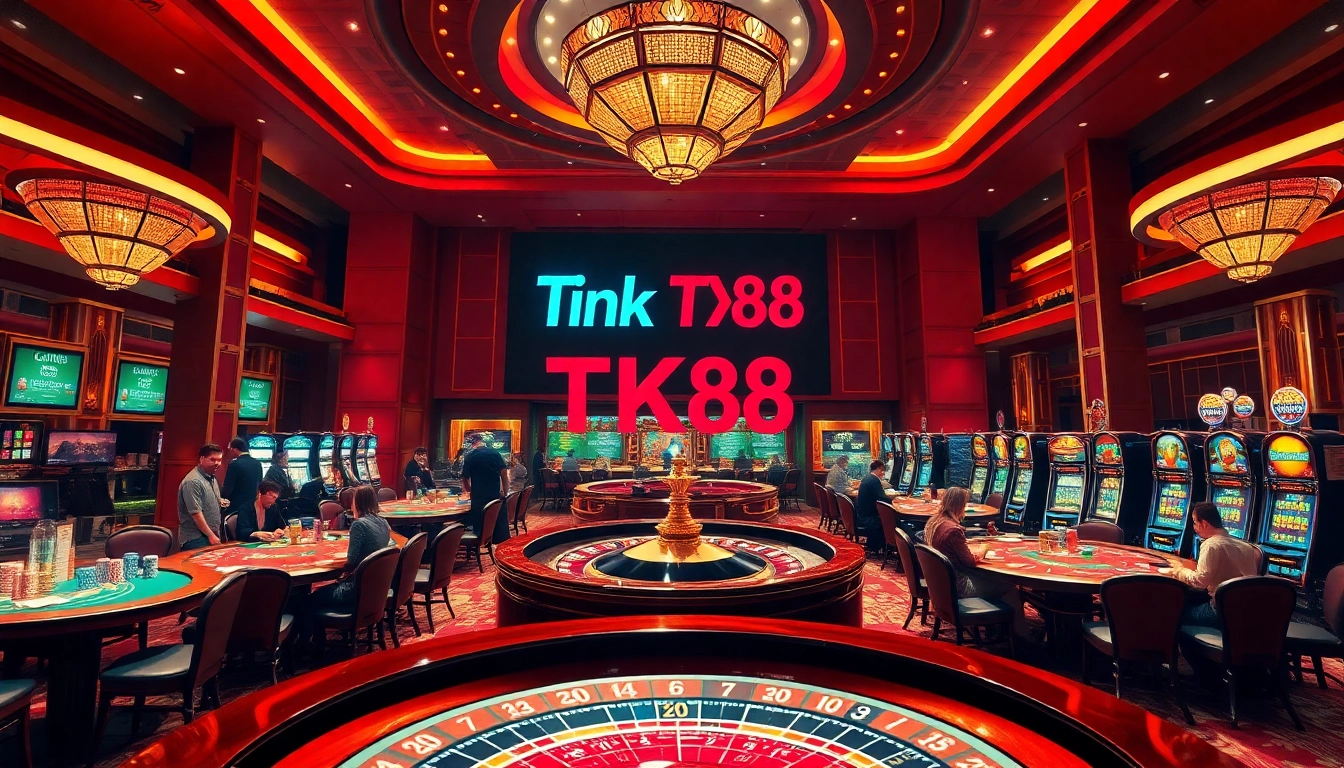 Engage in thrilling gameplay at a luxurious casino featuring Link TK88, rich with vibrant tables and excitement.