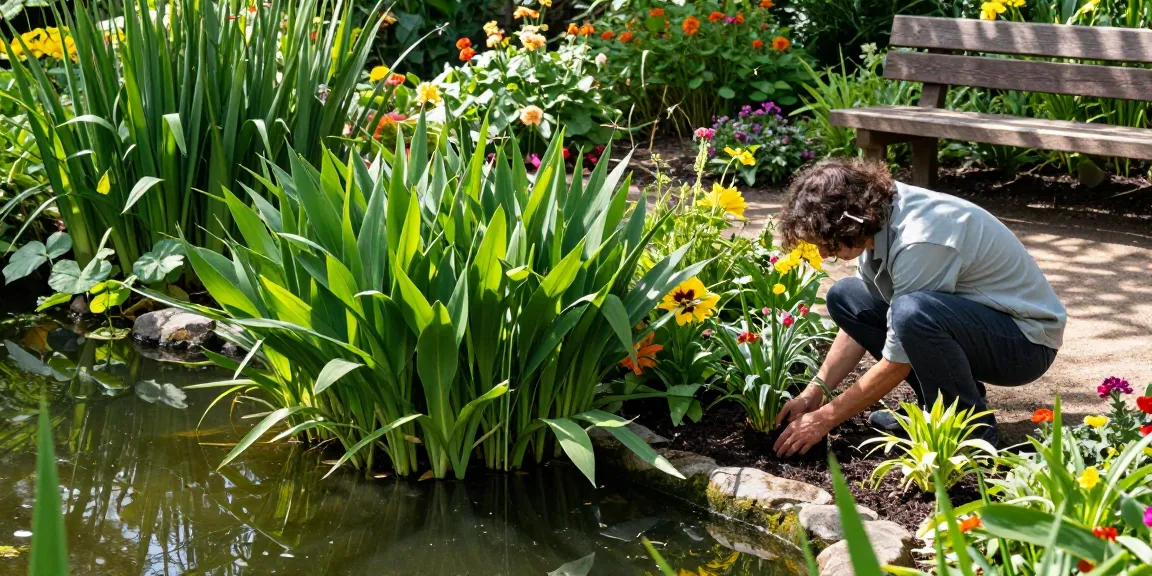 Buy Marginal Pond Plants in a vibrant garden setting with lush vegetation and a tranquil pond