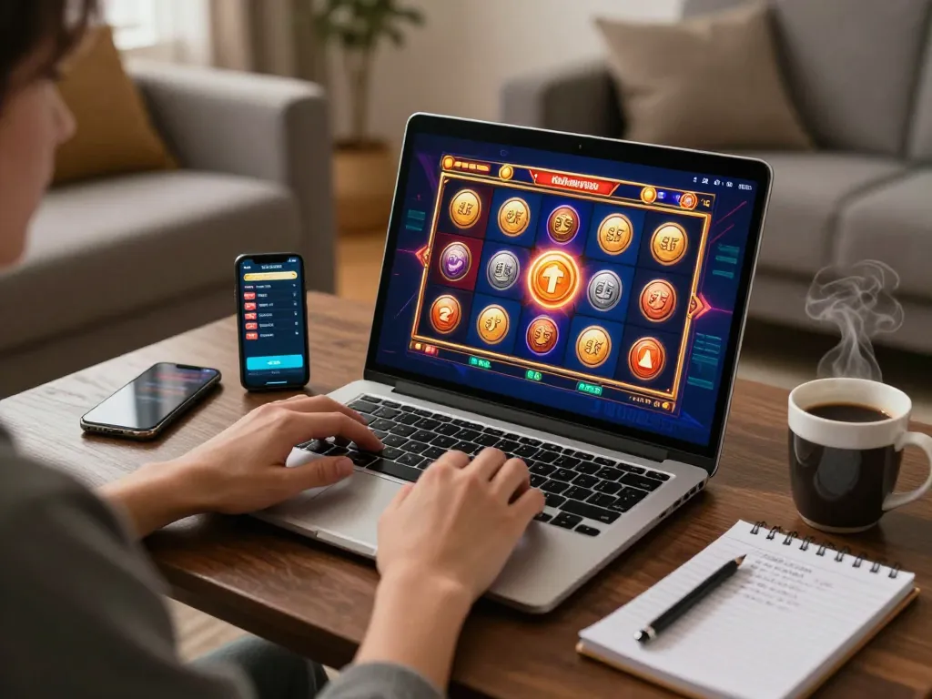 Experience slot gacor gampang menang while playing in a cozy home setup with strategic notes and gaming devices.