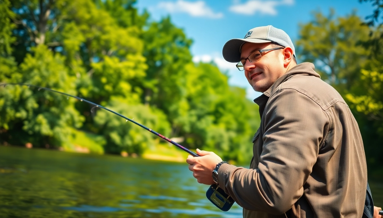 Engaging fly fishing for beginners scene with a novice angler casting in a clear river.
