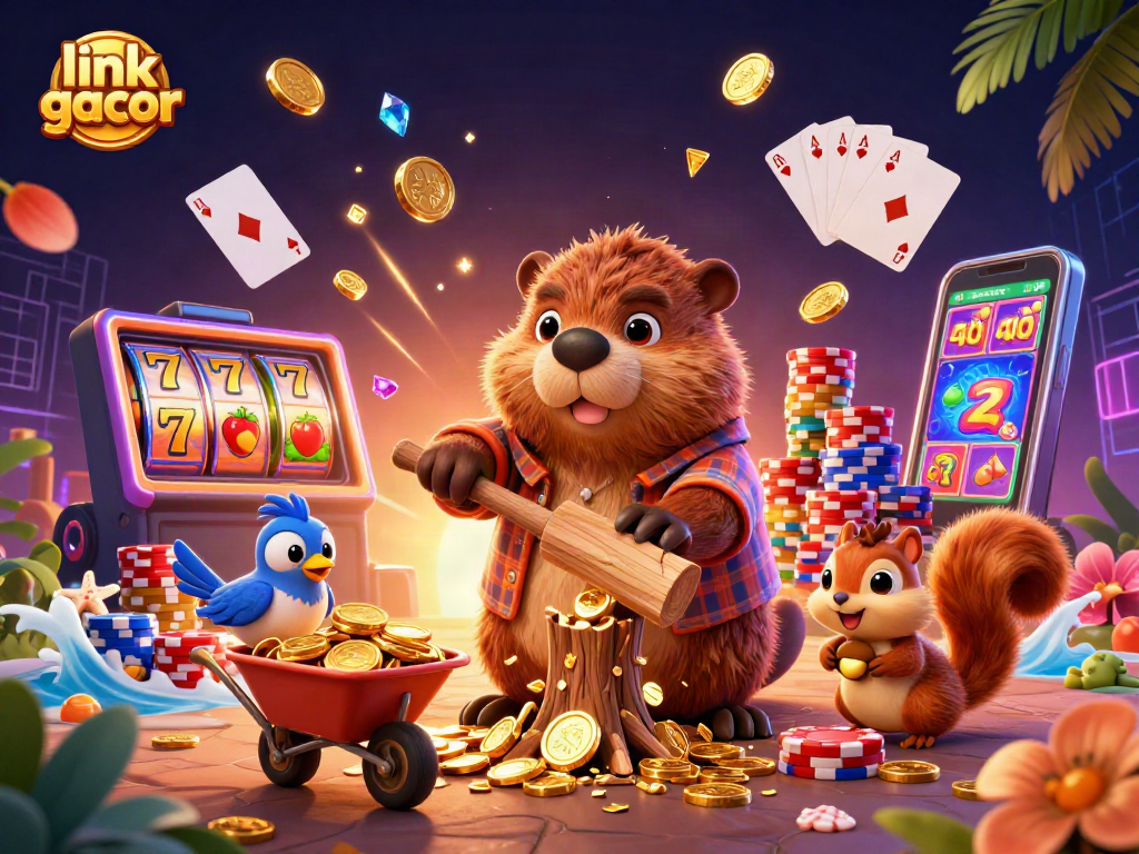 Experience the thrill of casino gaming with link gacor, a dynamic scene featuring a beaver collecting golden coins.
