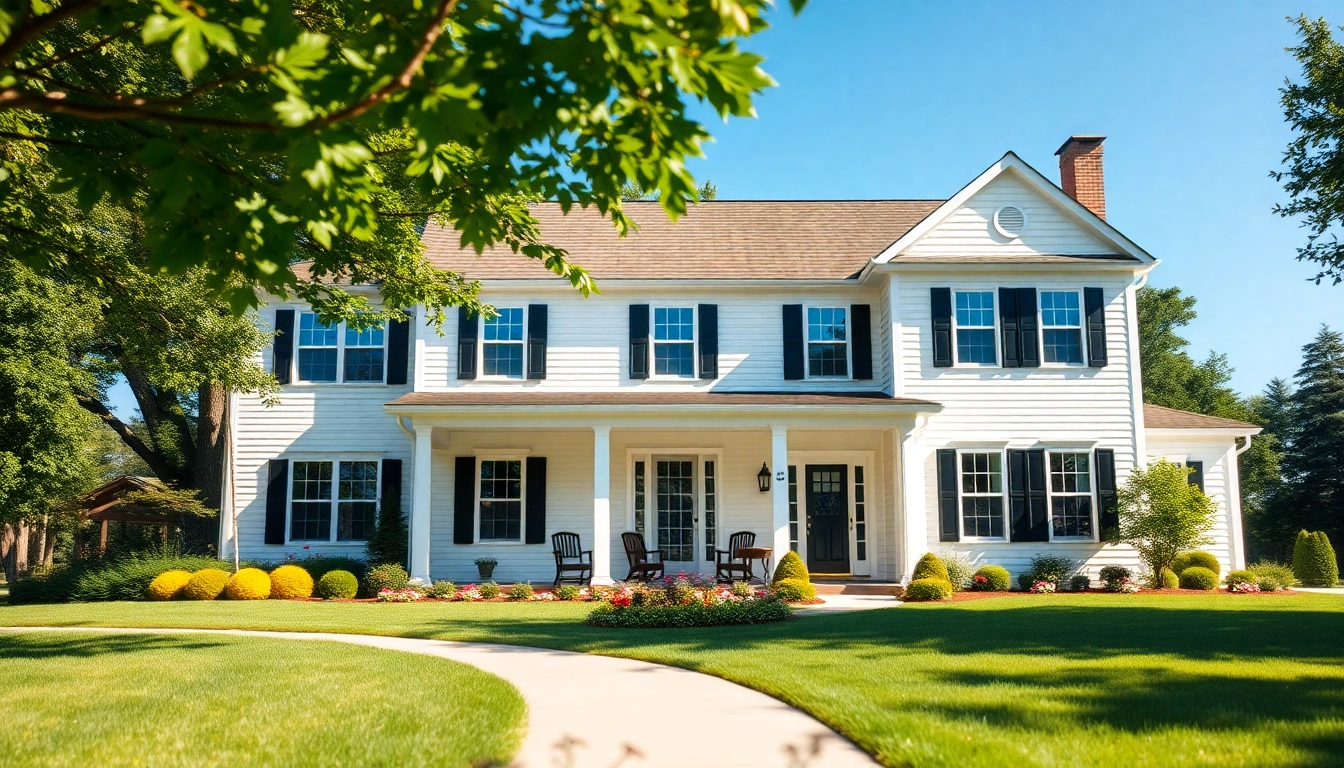 Showcasing a beautiful colonial home build with white wooden siding and a welcoming environment.