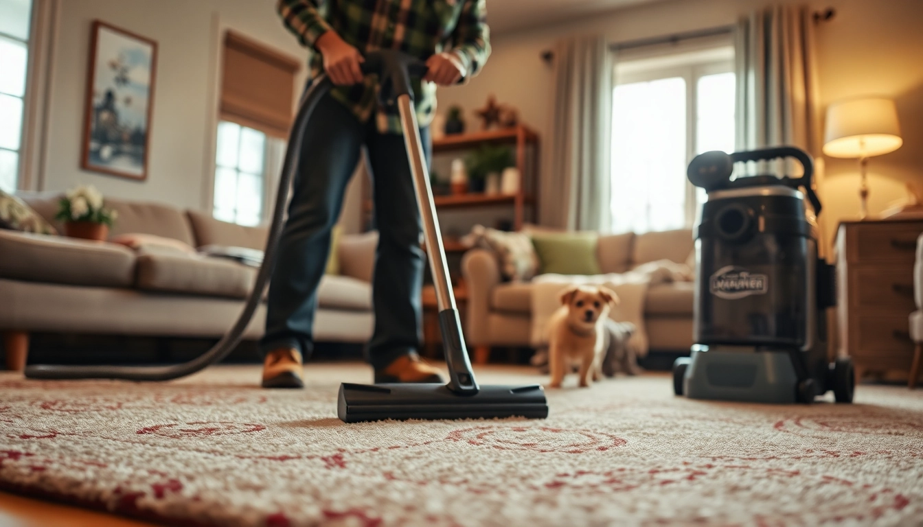 Skilled technician performing pet odor carpet cleaning in a cozy living room.