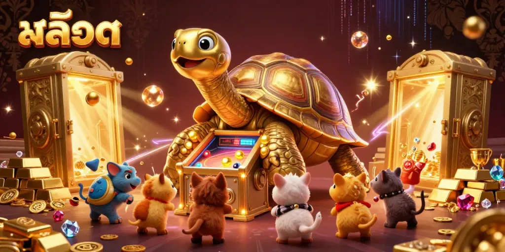 Engage with the vibrant สล็อต scene showcasing a golden tortoise pinball machine and excited animals.