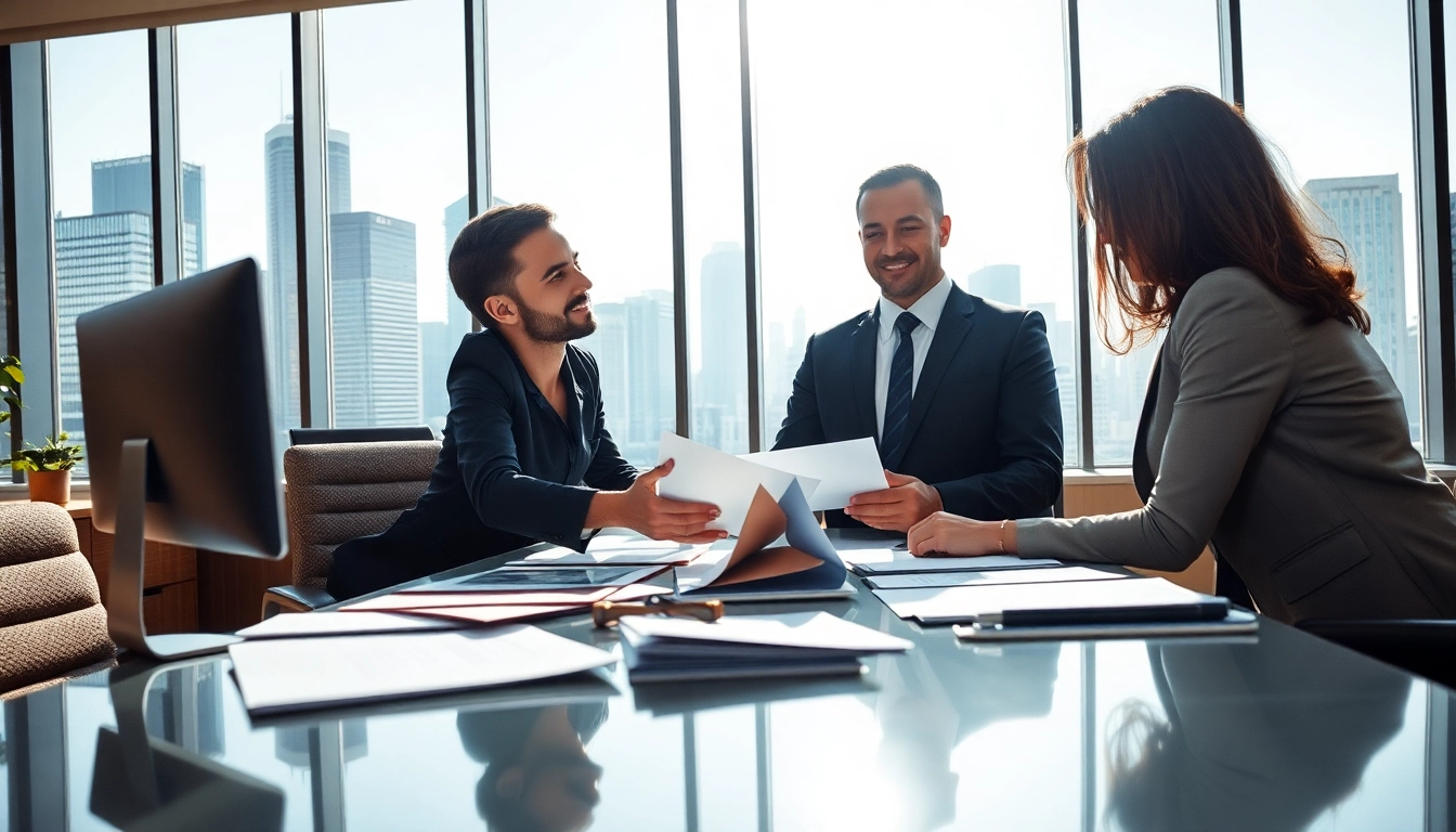 Headhunter engaging with a client in a bright office setting, showcasing professionalism and connection.