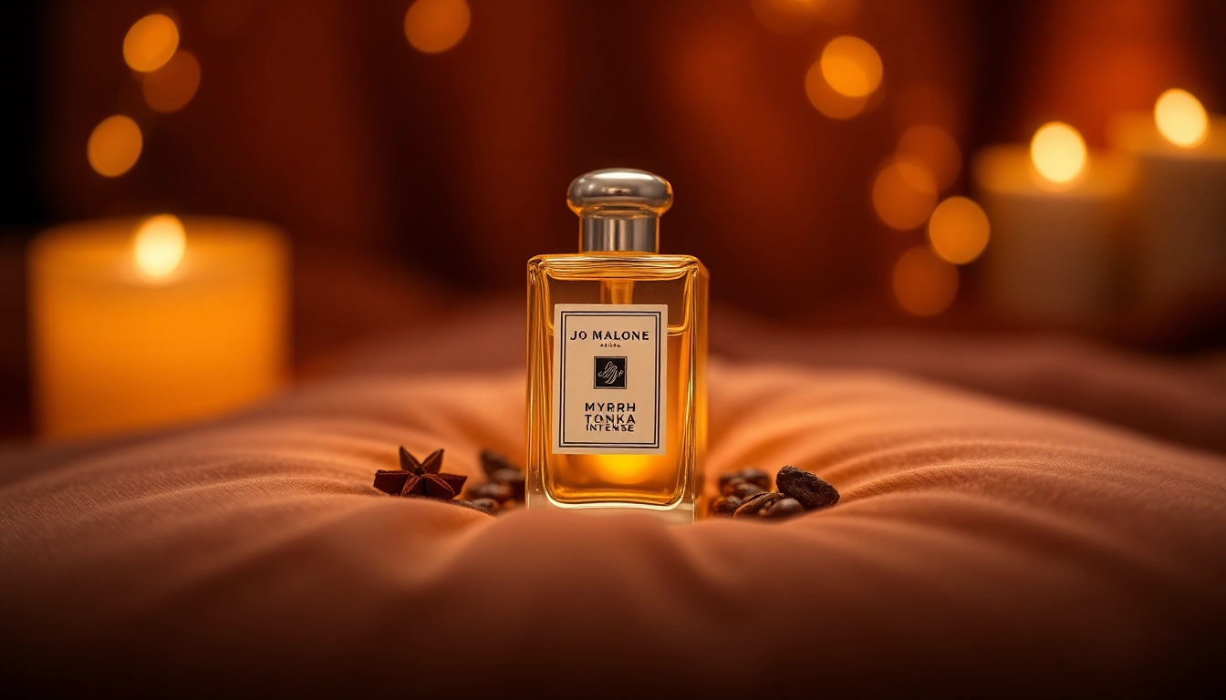 Experience the essence of Jo Malone myrrh & tonka intense, featuring a luxurious bottle on velvet.