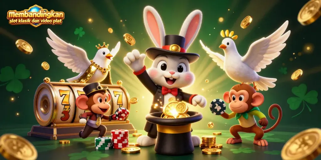 Membandingkan slot klasik dan video slot dengan tampilan mengesankan dari kelinci, merpati, dan monyet dalam ilustrasi 3D menarik.