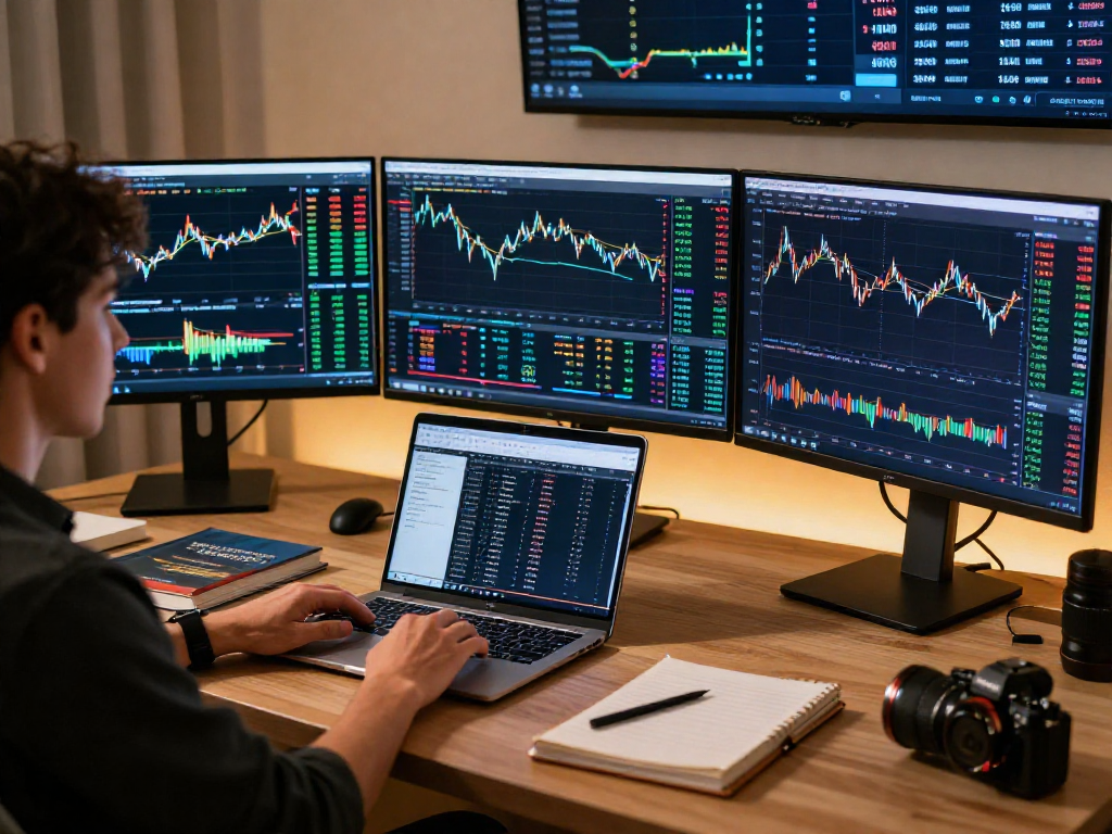使用TradingView进行加密货币分析的专业交易室，现代桌面上多屏显示技术指标和行情趋势。