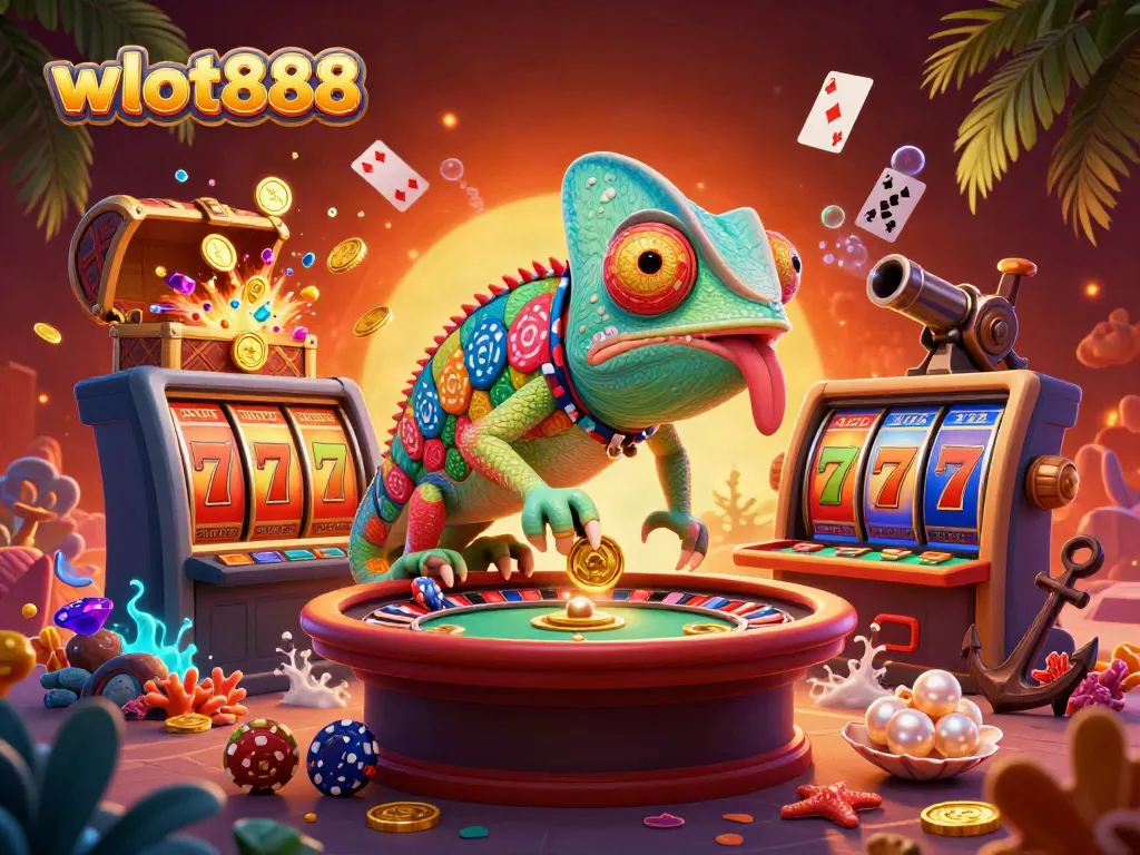 Gambarkan wslot888 dengan chameleon kasino yang penuh warna dan elemen slot, lingkungan permainan yang menarik.