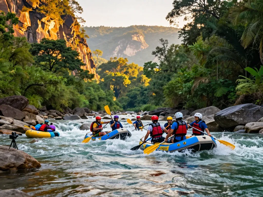 Dandeli adventure with friends rafting on Kali River amidst lush greenery.