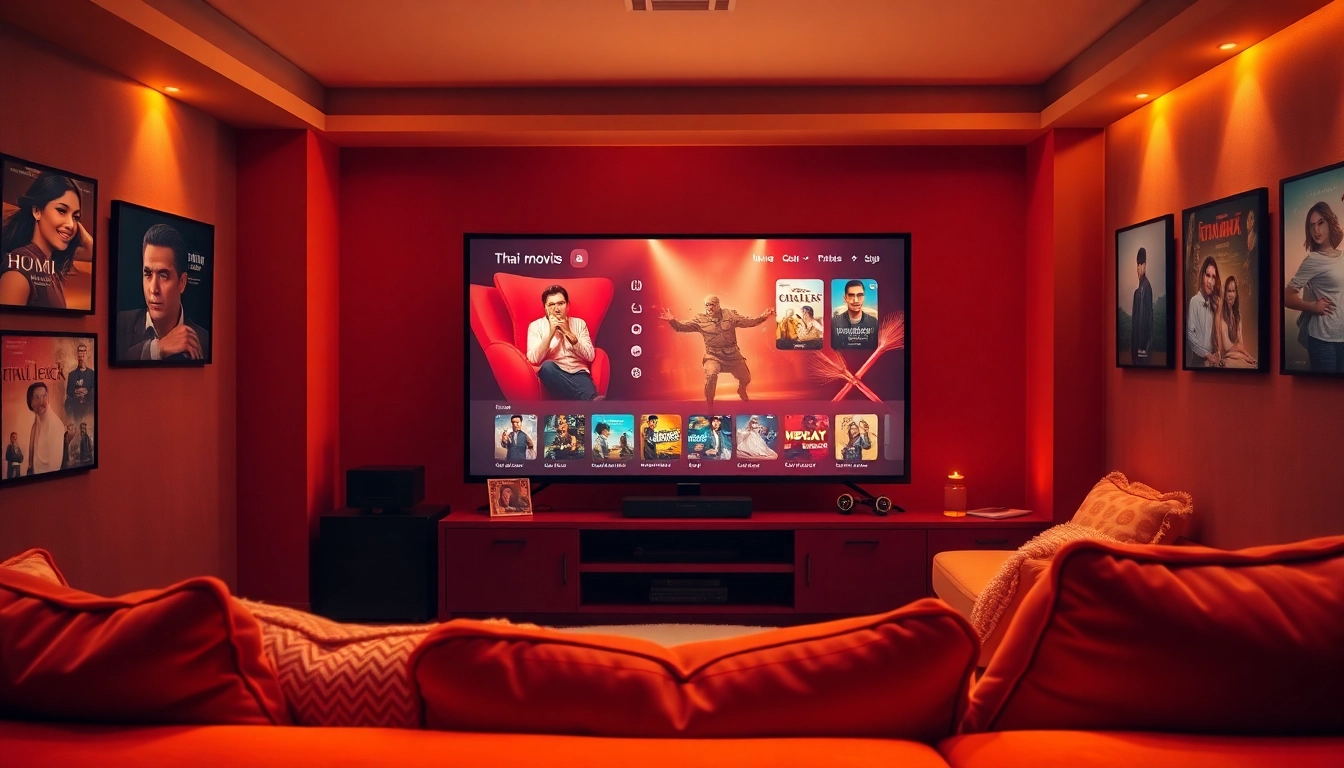 Enjoying หนังออนไลน์ in a cozy home theater setup with a large TV and inviting atmosphere.