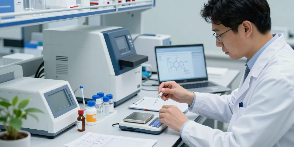 Swiss Chems scientist measuring research peptides in a modern lab environment