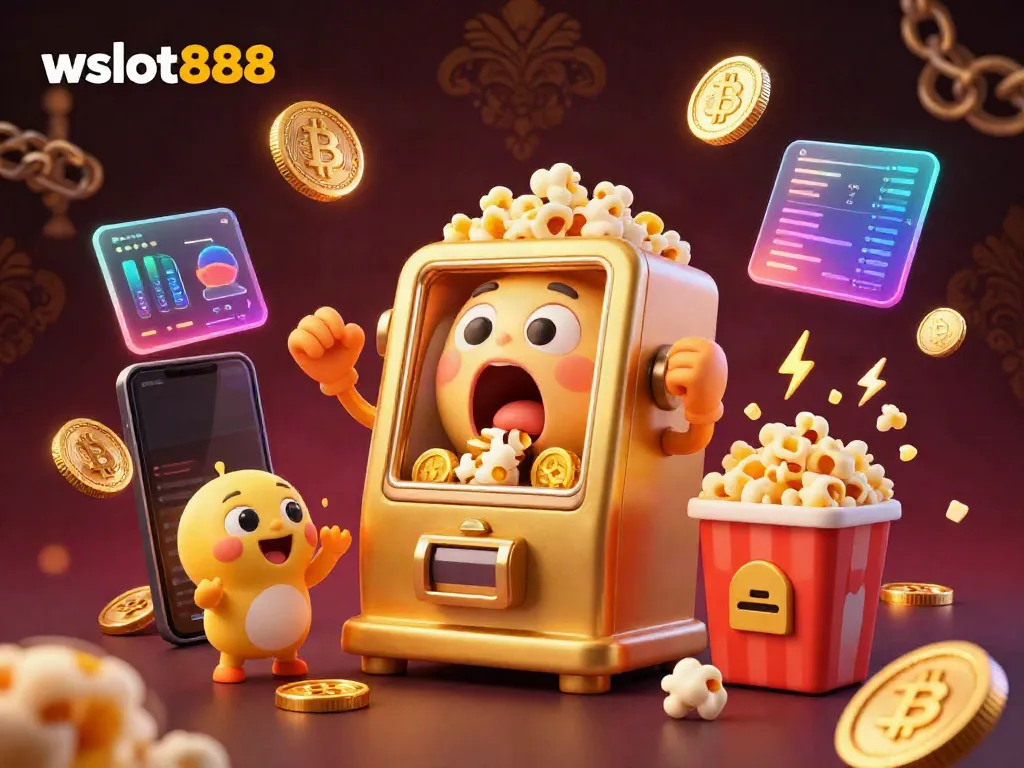 WSLOT888 menghadirkan mesin slot emas kartun dengan jackpot yang mengeluarkan koin, mewakili kesenangan bermain.
