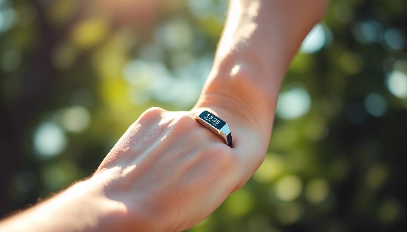 Showcasing a Smart Health Ring displaying vital metrics on a user's wrist.