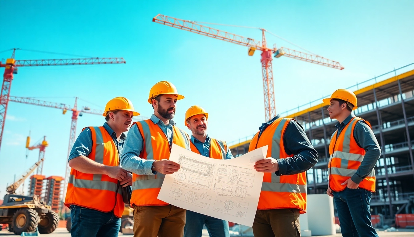 Workers engaging in construction events at a bustling job site with blueprints and machinery.