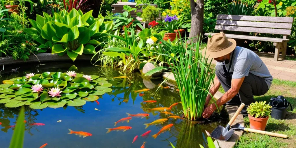 Pond plants flourishing in a serene garden setting, featuring a gardener at work among water lilies.