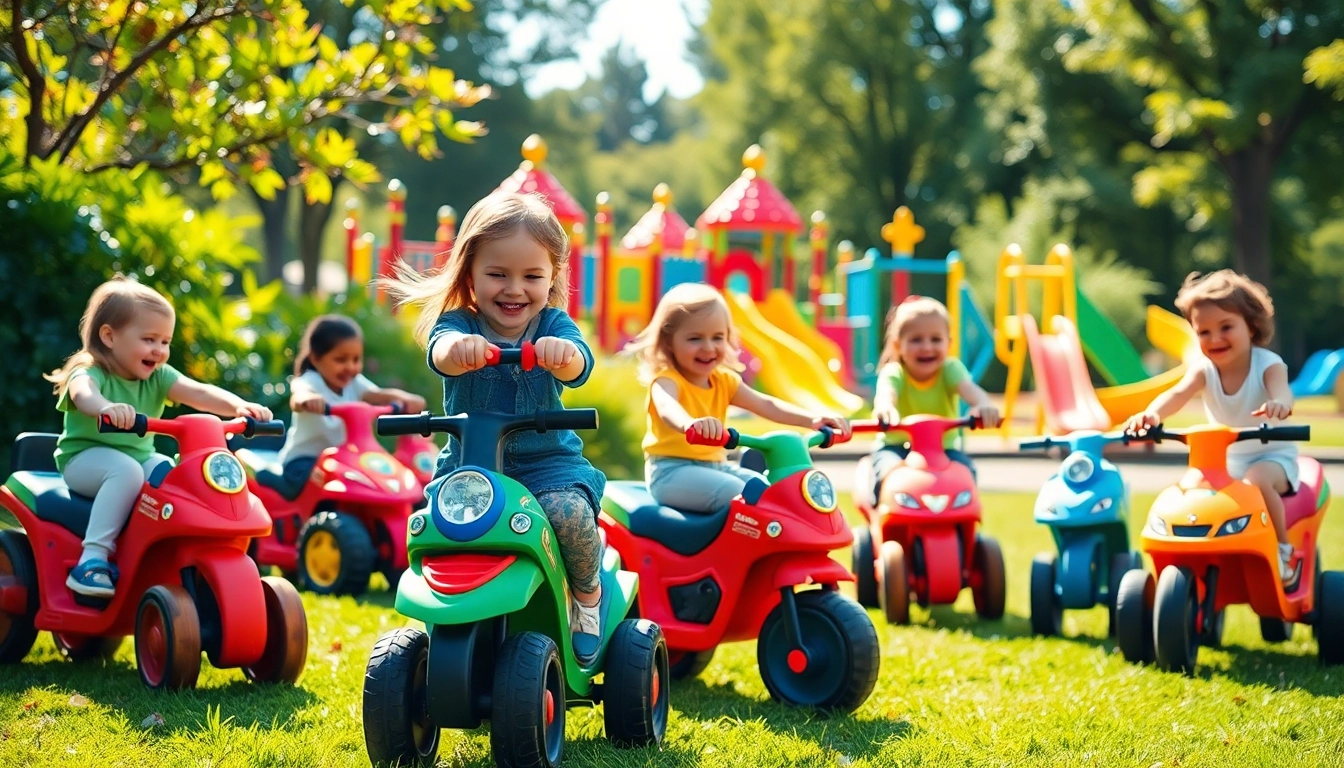 Children enjoying vibrant ride on toys in a sunny park setting.