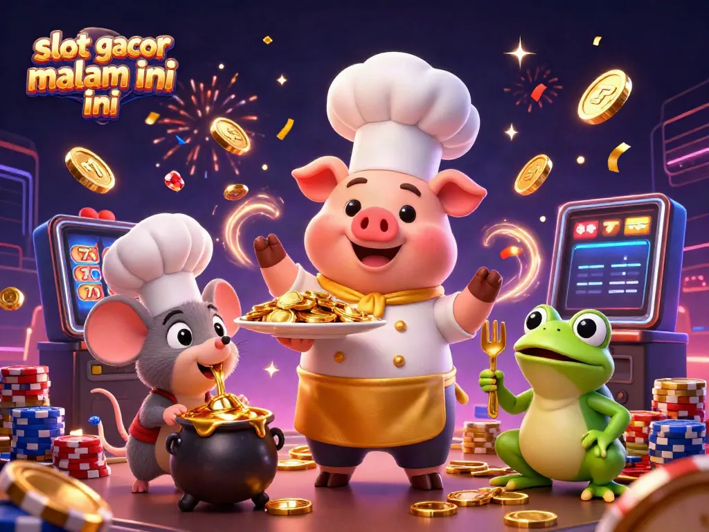 Grafik menarik dari slot gacor malam ini dengan karakter babi, tikus, dan katak di dunia kasino.