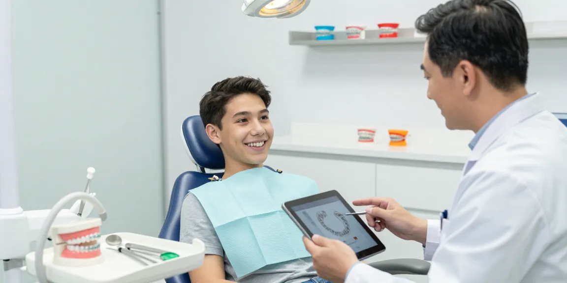 Teenager discussing fixed retainer options with orthodontist in a bright clinic.