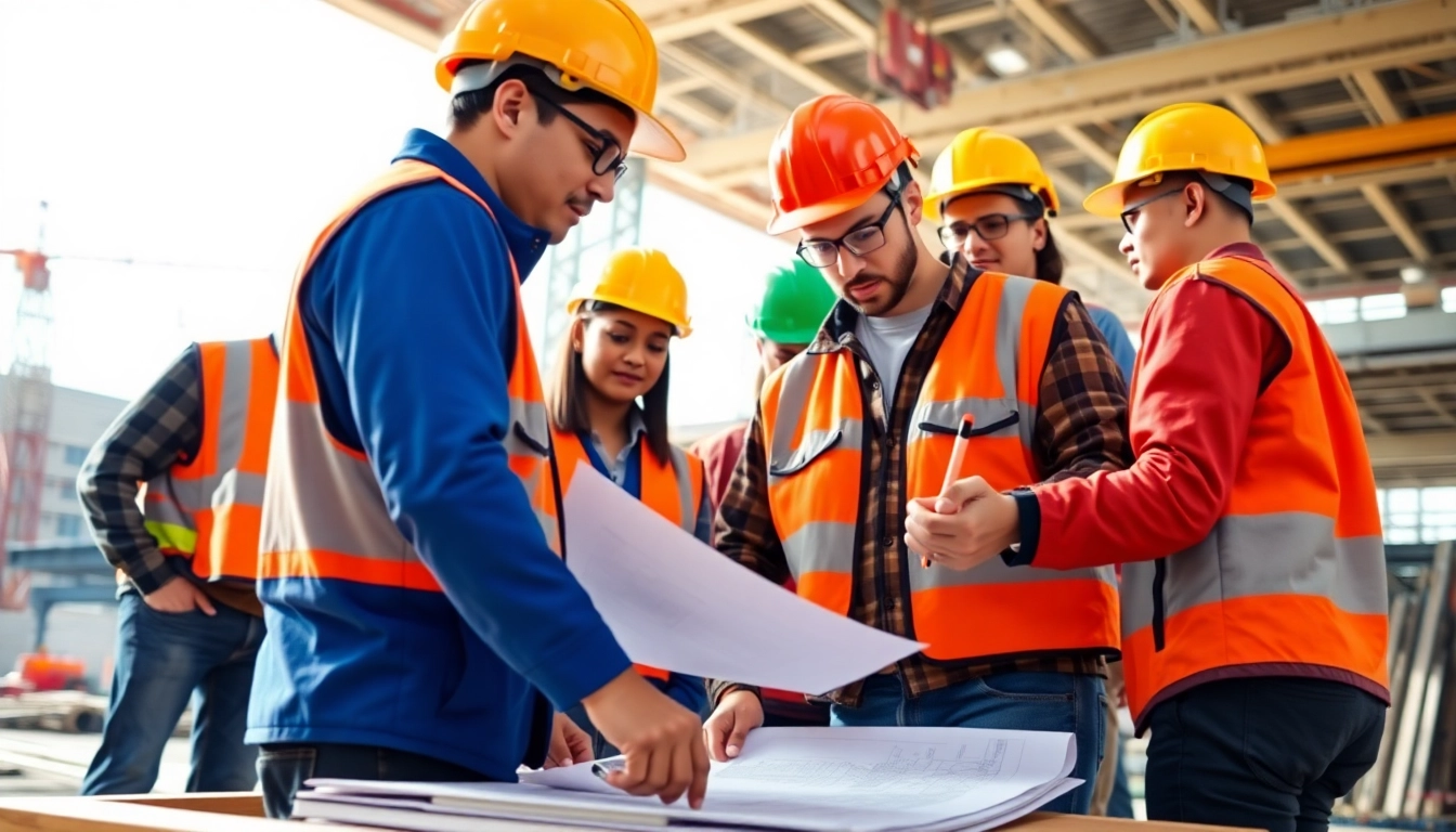 Participants in construction training programs collaborating on-site with tools and blueprints.