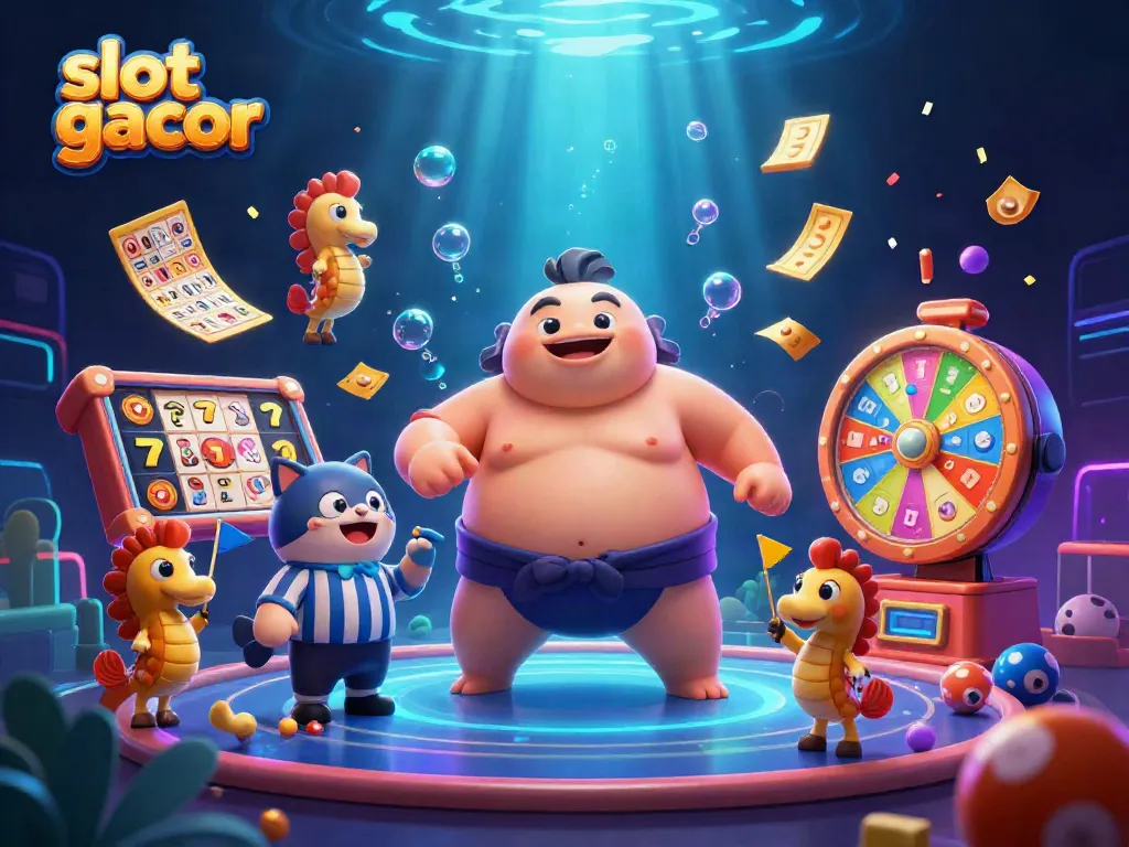 Explore slot gacor excitement with a dynamic underwater casino scene featuring a fugu, catfish referee, and jubilant spectators.