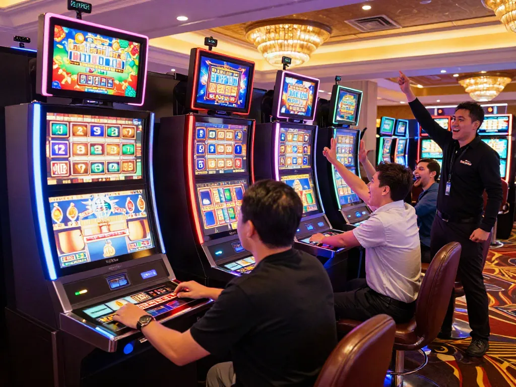 Slot777, suasana kasino dengan mesin slot bercahaya dan pemain merayakan kemenangan.