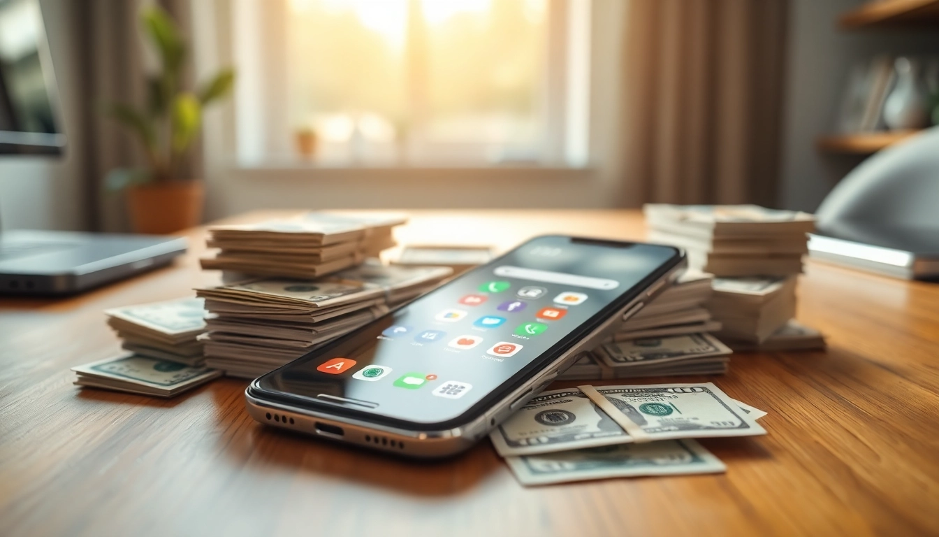 Sell used phone cash displayed with a smartphone and cash on a wooden desk.