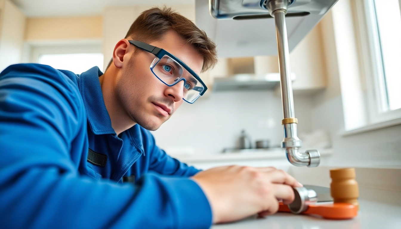 Expert plumber near me fixing residential plumbing in a bright kitchen.