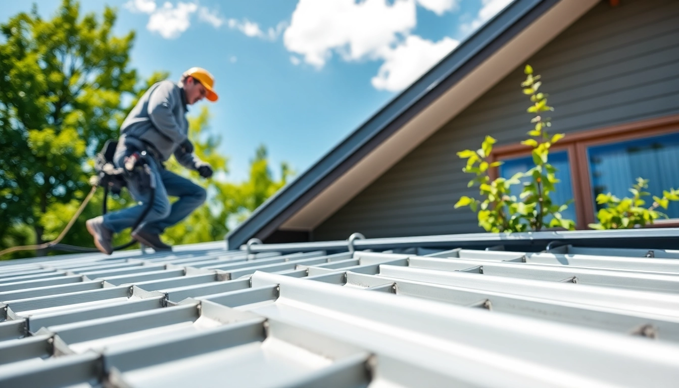 Skilled worker installing metal roofing Calgary on a residential home showcasing durability and craftsmanship.