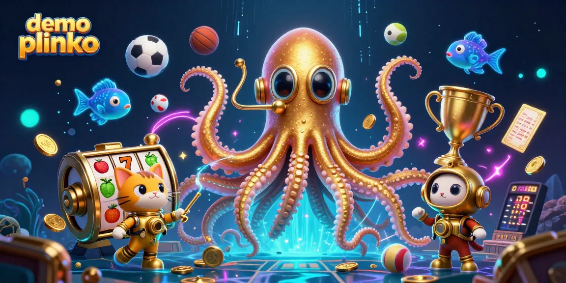 Experience demo plinko with a thrilling underwater scene featuring a kraken and diving cat surrounded by gold coins and sports elements.