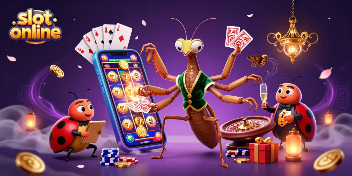 Rasakan sensasi slot online dengan ilustrasi menarik dari karakter kasino dan permainan slot yang meriah.