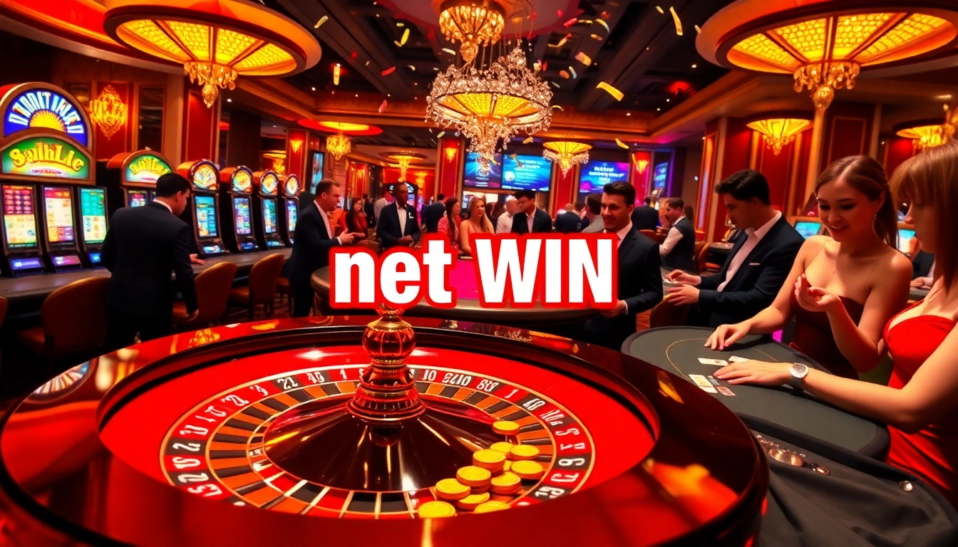 Celebrating a net win at an exciting casino scene with roulette and poker games.
