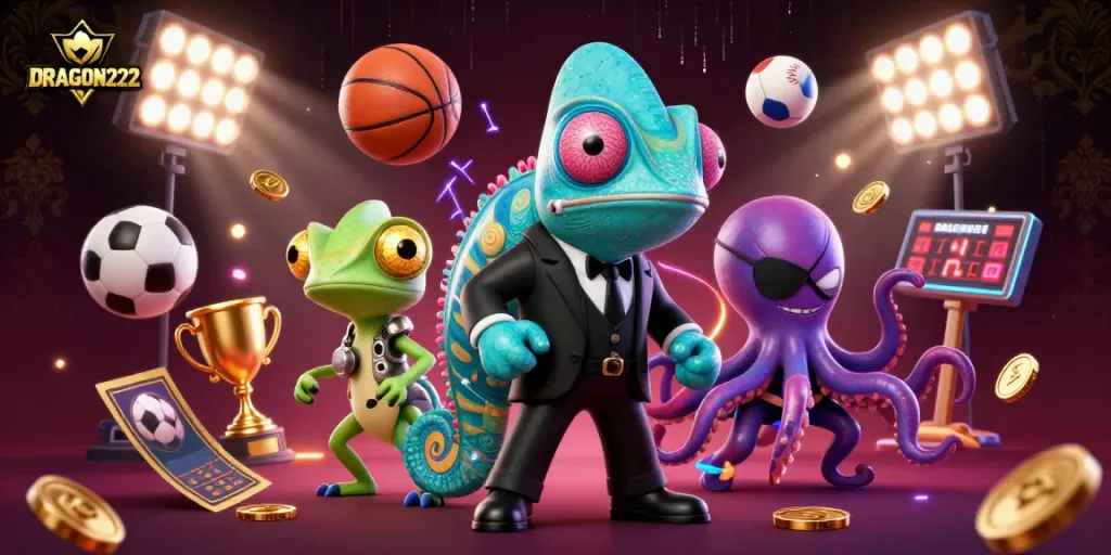 Experience thrilling gaming adventures with DRAGON222's colorful casino illustration featuring secret agents and sports.