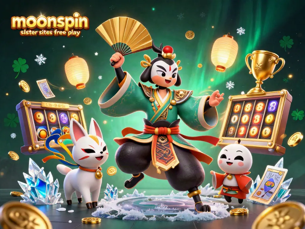 Engage with moonspin casino sister sites free play in an exciting 3D illustration featuring kabuki characters, slot machines, and festive elements.