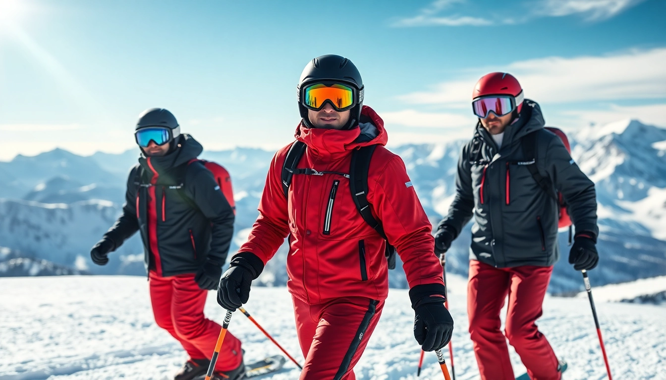 Stylish skiers in high end ski wear enjoy a mountain slope adventure.