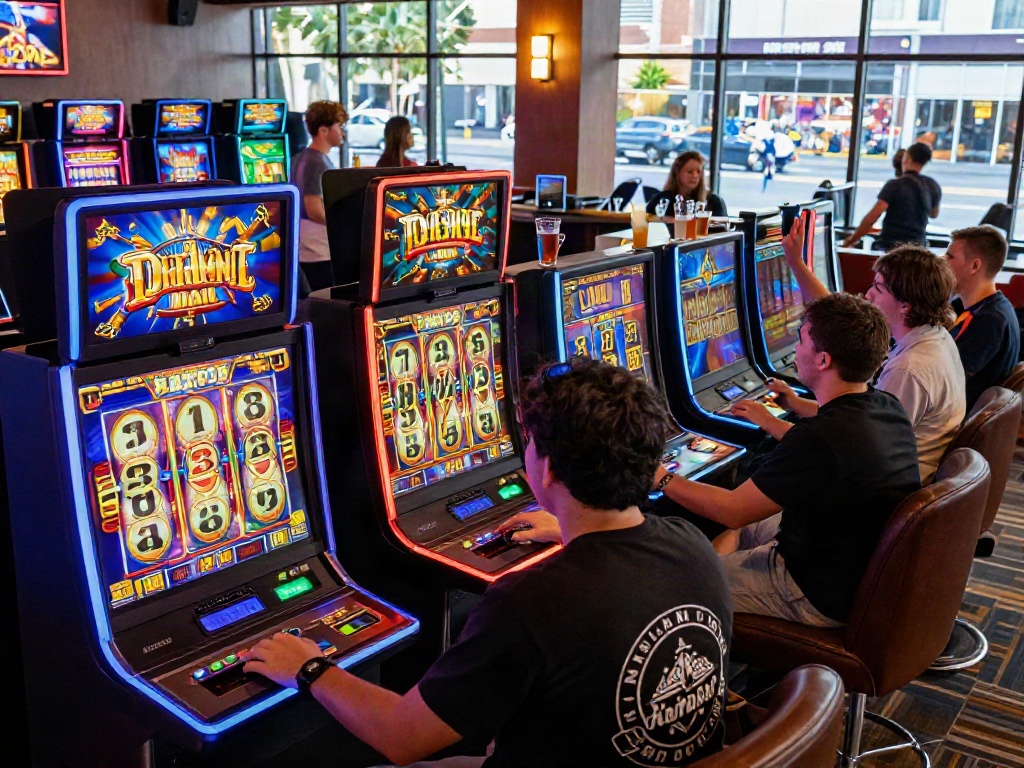 Exciting slot kamboja gaming scene with players enjoying vibrant reels and lively ambiance.