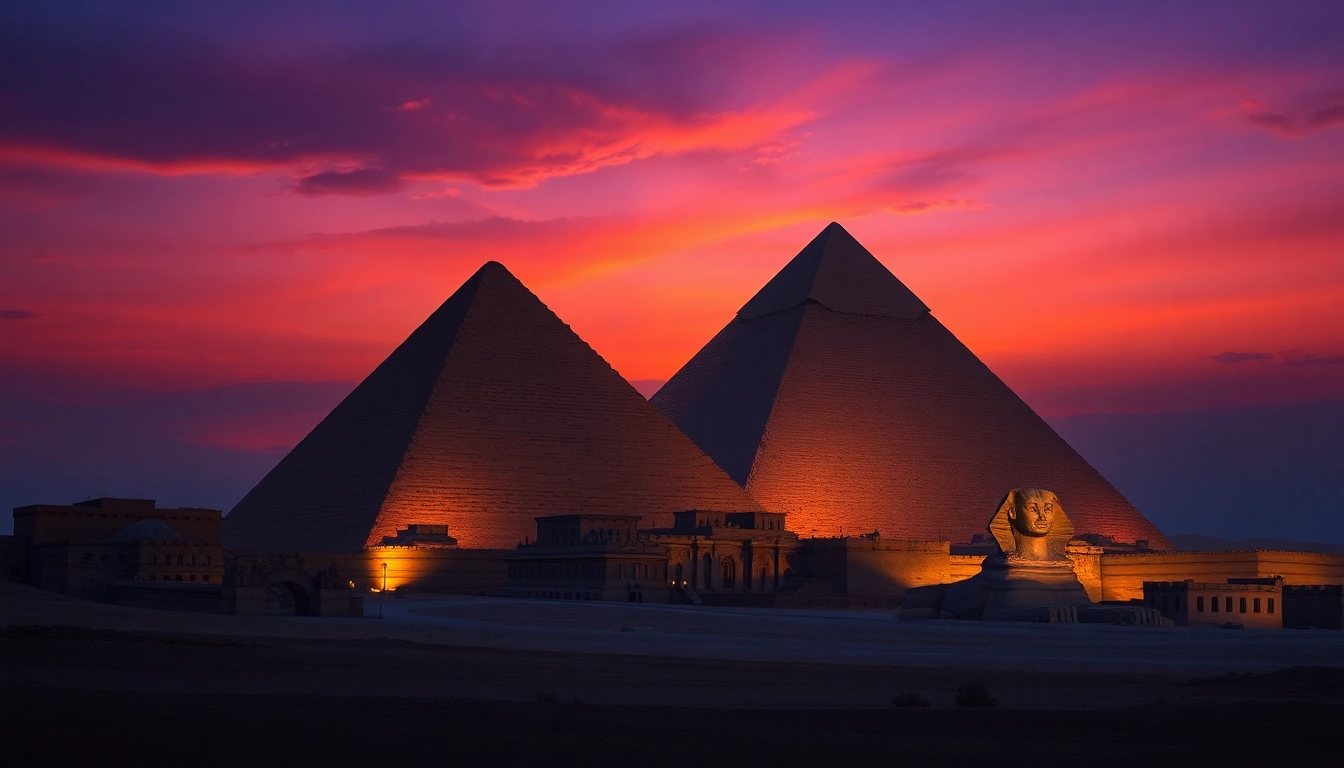 Piraminds rise dramatically under a twilight sky, showcasing ancient architecture and mystery.