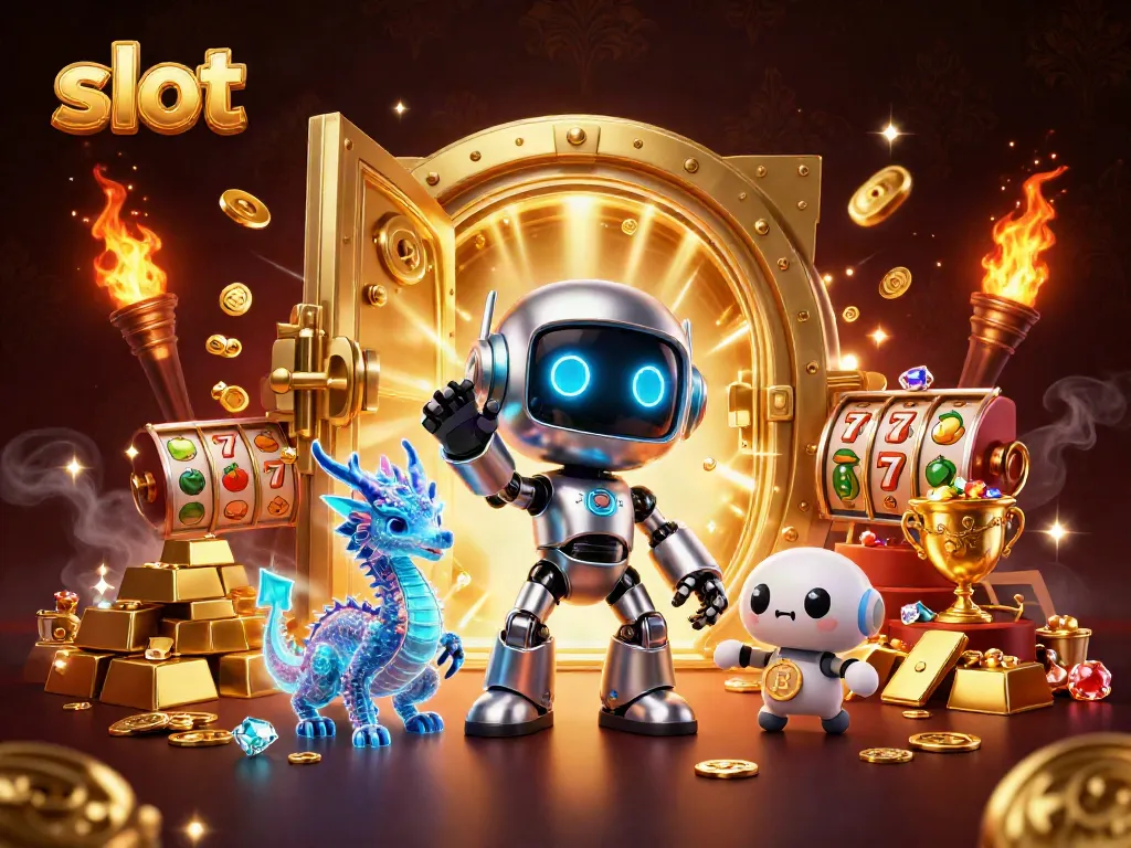 Slot gacor menanti dengan robot cyberpunk, naga holografik, dan simbol bitcoin di latar kekayaan.