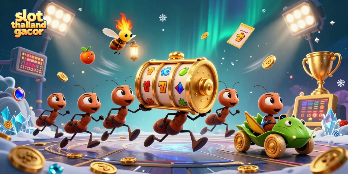 Experience thrilling wins with slot thailand gacor as ants carry a giant slot reel in an enchanting scene.