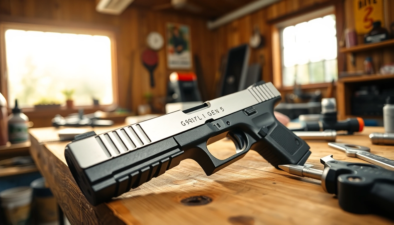 Showcasing a glock 19 gen 5 slide with precision details and tools in a professional workshop setting.